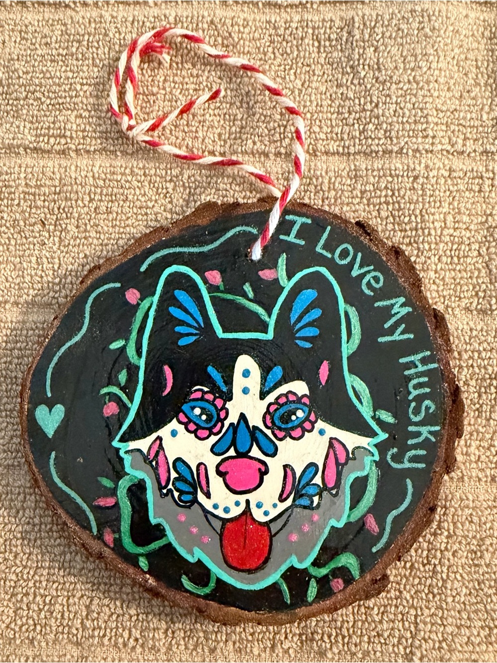 Hand-Painted Red & Black Husky Holiday Ornament